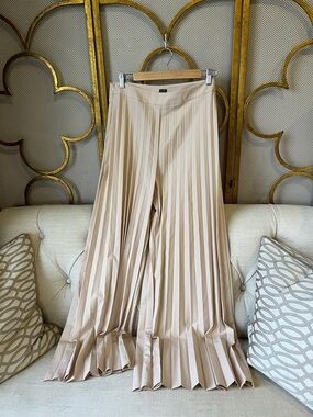 Pleated Wide-Leg Jumpsuit Pants in Beige